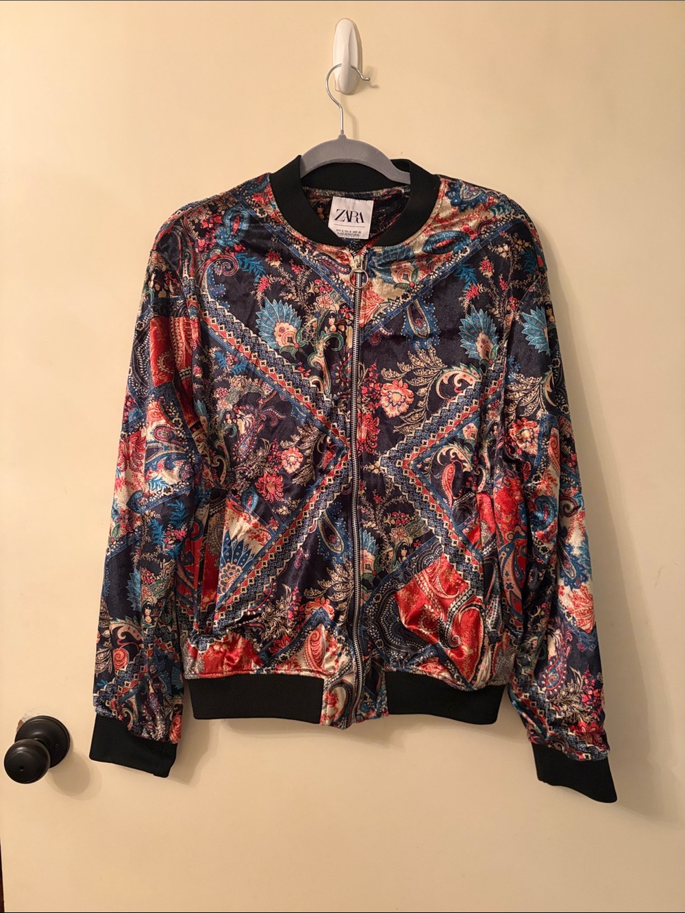 Zara black with Multicolor Paisley-Print velvety Bomber Jacket